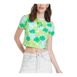 Juniors womens size large bright green cropped Care Bears shirt four leaf clover